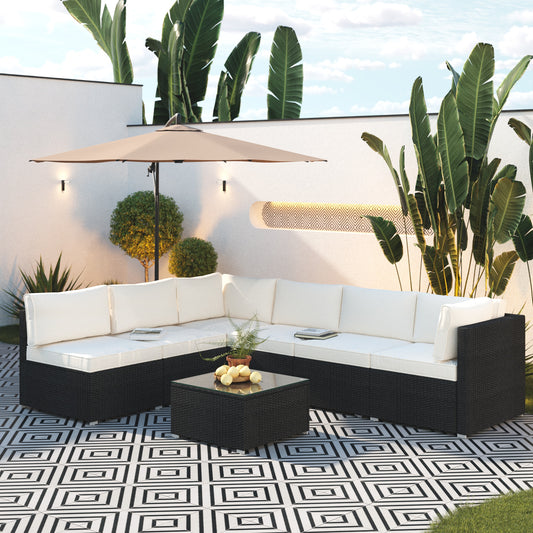 Beige Cushion Rattan Sofa 7 Piece Set