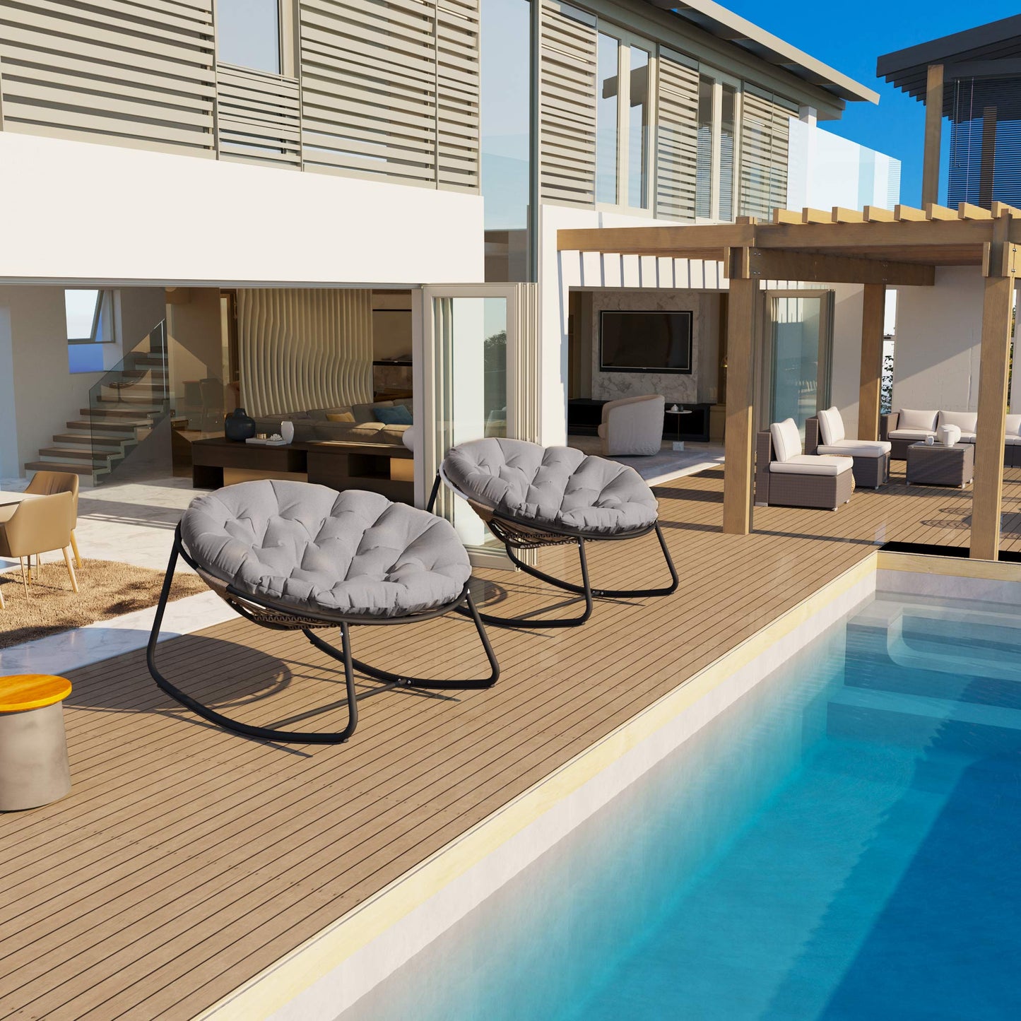 Black Iron Frame Gray Bamboo Fabric Rocking Chair