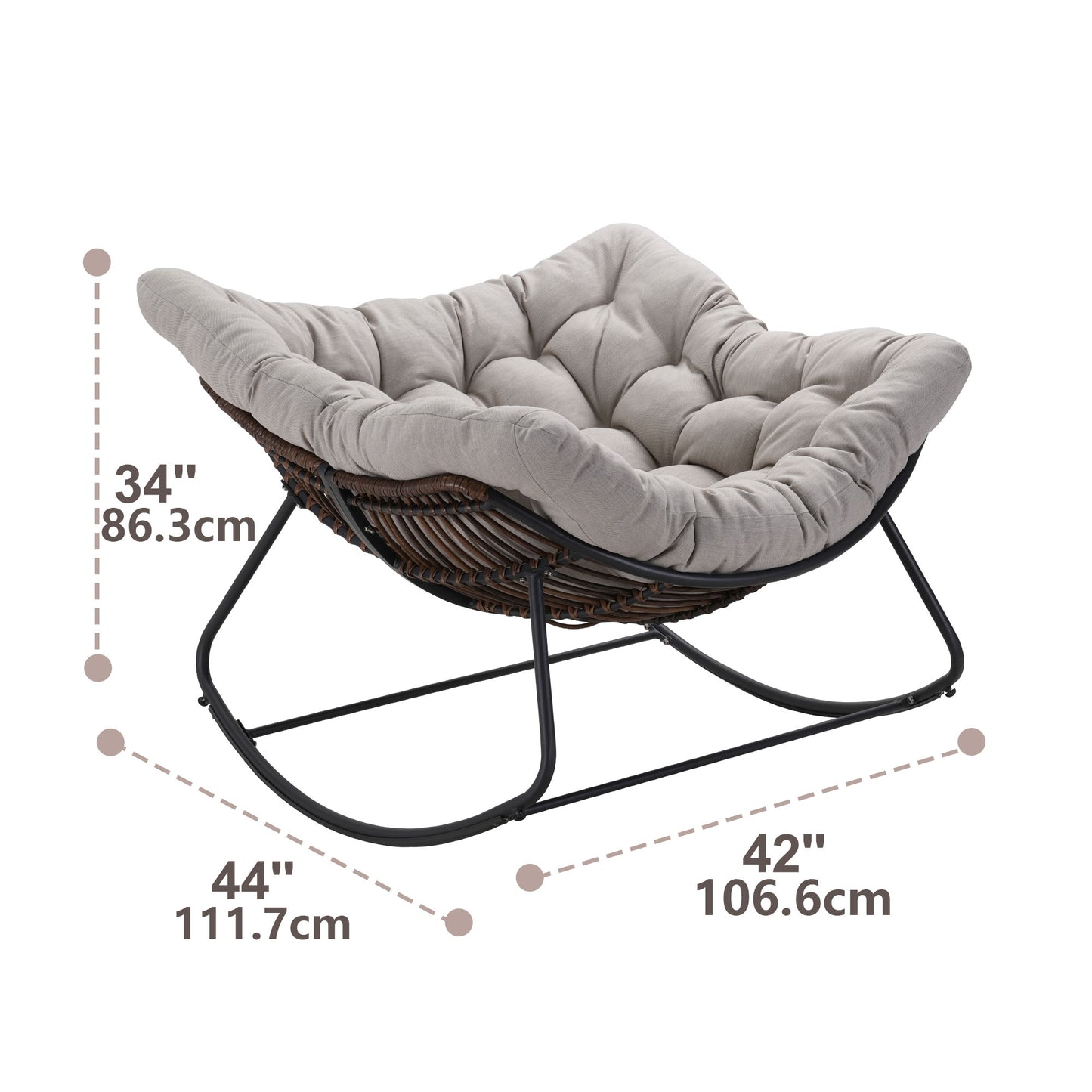 Dark Gray Iron Frame Gray Cushion Wicker Rocking Chair