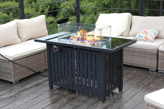 43" Outdoor Propane Fire Pit Table: 50,000 BTU Rectangle Gas Fire Pit with Glass Wind Guard & Rain Cover for Patio, Garden, Backyard