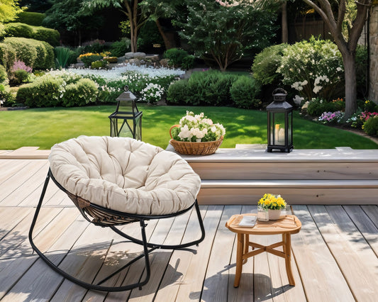 Black Iron Frame Rocking Chair with Bamboo Fabric & Teddy Velvet Seat Cushion – Luxe Oversized Papasan Chair for Indoor/Outdoor