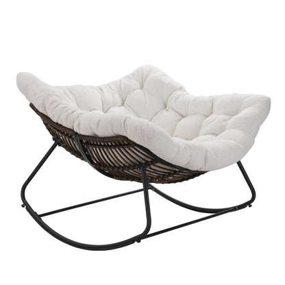Dark Gray Iron Frame White Cushioned Rattan Rocking Chair