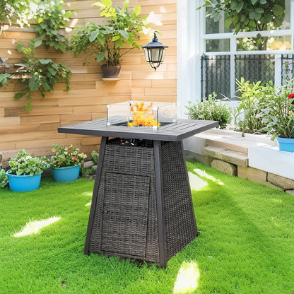 36" Square High-Top Propane Fire Pit Table – 50,000 BTU with Wicker Base, Glass Wind Guard & Rain Cover, All-Weather Patio Kit