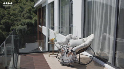 Dark Gray Iron Frame Beige Cushioned Rattan Rocking Chair